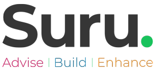 Suru company logo. The word mark 'Suru' with three sub-titles: Advise, Build and Enhance.